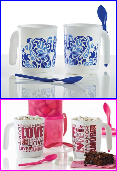 Tupperware S/2 AMORE LOVE THEME WHITE & PINK HOT & COLD MUGS w/ SPOONS NEW