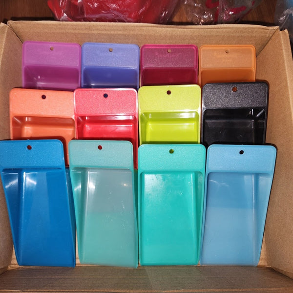 Tupperware 2 COLORED NOVELTY GADGET OPEN HOUSE FLAT CANISTER SCOOPS - Plastic Glass and Wax ~ PGW
