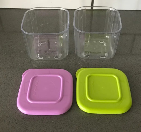 Tupperware CLEARLY ELEGANT 2 CLEAR MATES MINI 2 SQUARE CONTAINERS PURPLE KIWI