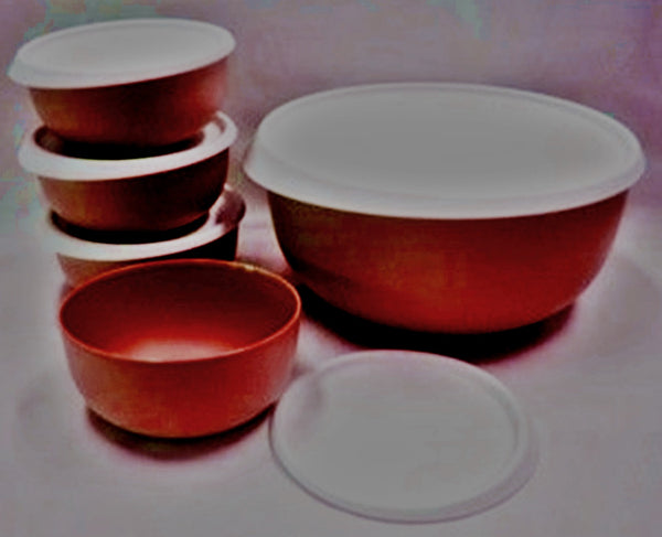 TUPPERWARE 5 Pc ESSENTIALS / BLOSSOM COLLECTION SALAD BOWL SET RED & WHITE