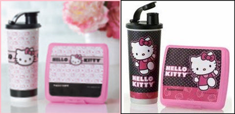 TUPPERWARE HELLO KITTY COLLECTION 2-Pc SANDWICH KEEPER & 16-oz TUMBLER w/ FLIP TOP - Plastic Glass and Wax ~ PGW