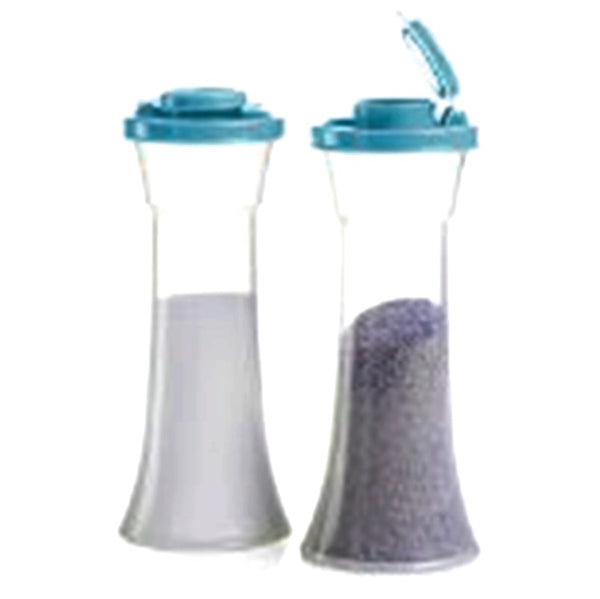 TUPPERWARE IMPRESSIONS TALL HOURGLASS SALT & PEPPER SHAKER SET SHEER w/ SEA GREEN SEALS - Plastic Glass and Wax ~ PGW