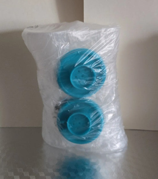 TUPPERWARE IMPRESSIONS TALL HOURGLASS SALT & PEPPER SHAKER SET SHEER w/ SEA GREEN SEALS - Plastic Glass and Wax ~ PGW
