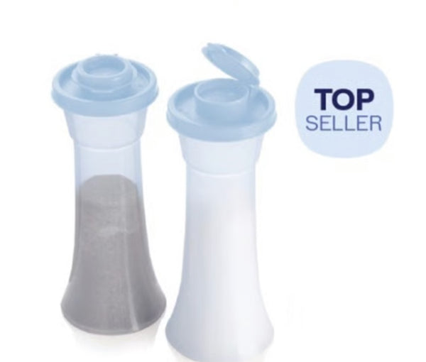 TUPPERWARE IMPRESSIONS TALL HOURGLASS SALT & PEPPER SHAKER SET SHEER w/ SEA GREEN SEALS - Plastic Glass and Wax ~ PGW