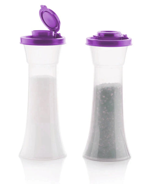 TUPPERWARE IMPRESSIONS TALL HOURGLASS SALT & PEPPER SHAKER SET SHEER w/ SEA GREEN SEALS - Plastic Glass and Wax ~ PGW