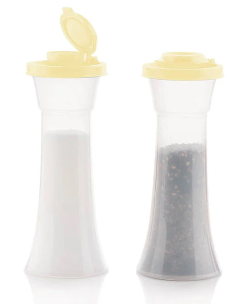 TUPPERWARE IMPRESSIONS TALL HOURGLASS SALT & PEPPER SHAKER SET SHEER w/ SEA GREEN SEALS - Plastic Glass and Wax ~ PGW