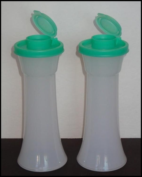 TUPPERWARE IMPRESSIONS TALL HOURGLASS SALT & PEPPER SHAKER SET SHEER w/ SEA GREEN SEALS - Plastic Glass and Wax ~ PGW