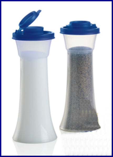 TUPPERWARE IMPRESSIONS TALL HOURGLASS SALT & PEPPER SHAKER SET SHEER w/ SEA GREEN SEALS - Plastic Glass and Wax ~ PGW