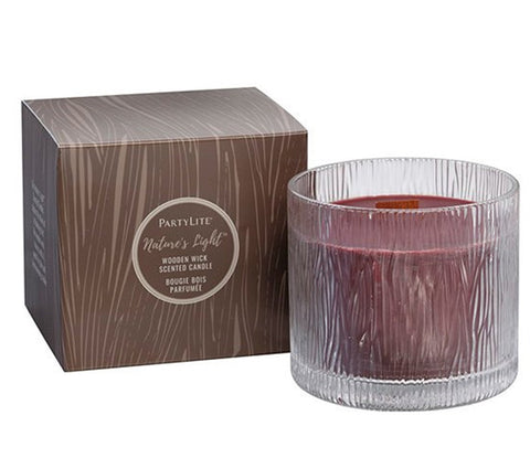 PartyLite Nature's Light Large Round Jar Boxed Candle w/ Crackling Wooden Wick TAMBOTI WOODS - Plastic Glass and Wax