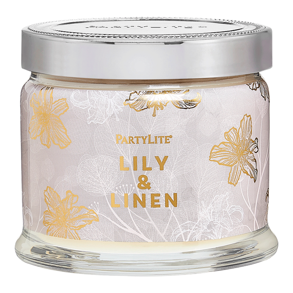 PartyLite 3-Wick Signature Round Jar Boxed Candle w/ Metal Lid LILY & LINEN