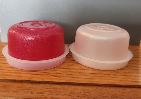 TUPPERWARE TUPPER MINI SMIDGET PILL KEEPER 1 SPARKLE RED 1 PEARLE PINK 1-OZ SMIDGETS w/ SEALS - Plastic Glass and Wax ~ PGW