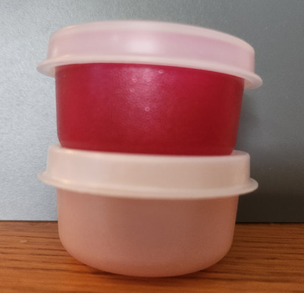 TUPPERWARE MINI SMIDGET PILL KEEPER 2 SPARKLING RED 1-OZ SMIDGETS w/ SHEER SEALS - Plastic Glass and Wax ~ PGW