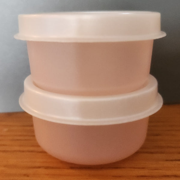 TUPPERWARE MINI SMIDGET PILL KEEPER 2 SPARKLING RED 1-OZ SMIDGETS w/ SHEER SEALS - Plastic Glass and Wax ~ PGW