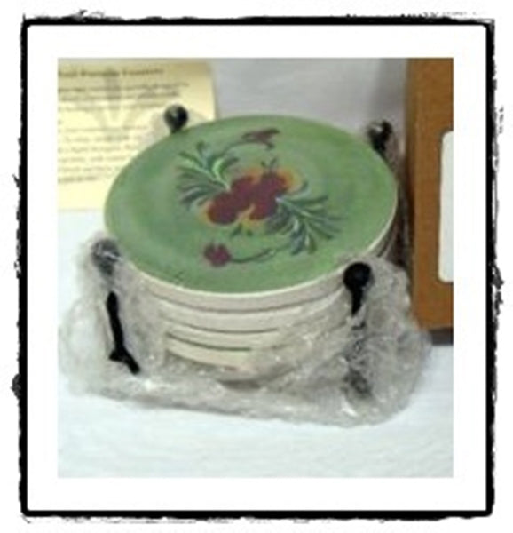 SOUTHERN LIVING AT HOME GAIL PITTMAN PROVENCE ~ 4 ROUND COASTERS in IRON STAND