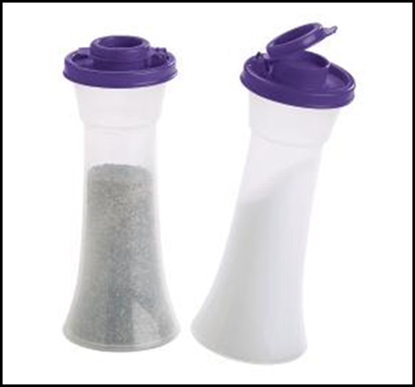 TUPPERWARE IMPRESSIONS TALL HOURGLASS SALT & PEPPER SHAKER SET SHEER w/ SEA GREEN SEALS - Plastic Glass and Wax ~ PGW