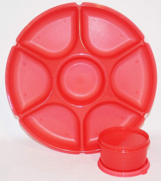 TUPPERWARE SERVING CENTER RASPBERRY RED SECTIONED BASE w/ SHEER DOMED SEAL & REMOVABLE CUP/BOWL - Plastic Glass and Wax ~ PGW
