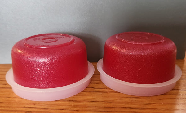 TUPPERWARE MINI SMIDGET PILL KEEPER 2 SPARKLING RED 1-OZ SMIDGETS w/ SHEER SEALS - Plastic Glass and Wax ~ PGW