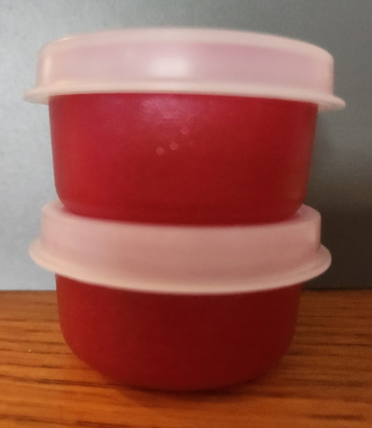 TUPPERWARE MINI SMIDGET PILL KEEPER 2 SPARKLING RED 1-OZ SMIDGETS w/ SHEER SEALS - Plastic Glass and Wax ~ PGW