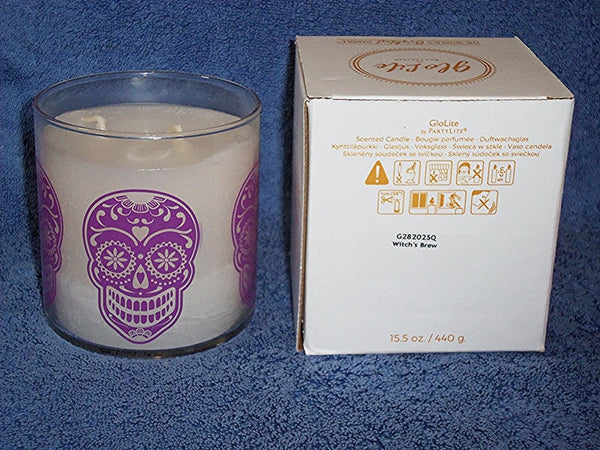 PartyLite GLOLITE GLOW LIGHT 2-Wick Round Glass Jar Boxed Candle WITCHES BREW - Plastic Glass and Wax ~ PGW
