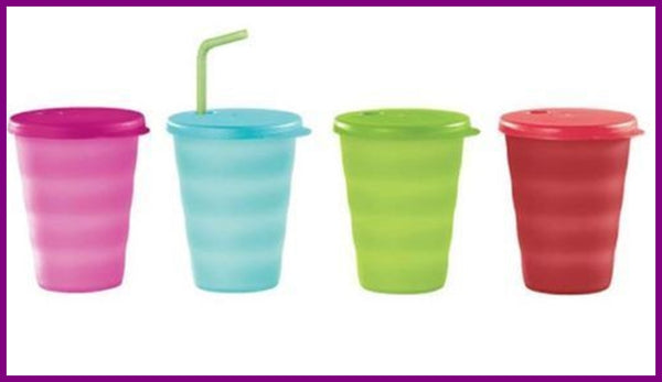 TUPPERWARE 8-Pc IMPRESSIONS SET 4 MICROWAVE CEREAL BOWLS & 4 16-oz STRAW SEAL TUMBLERS RARE