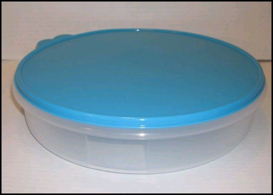 TUPPERWARE Prep Essentials ROUND CONTAINER Refrigerator Pie Storage Cool Aqua Blue Seal - Plastic Glass and Wax