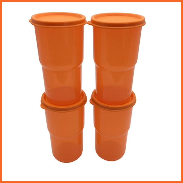 TUPPERWARE 4-pc ORANGE 12-oz TABLETOP TAPERED TUMBLERS w/ ORANGE ROUND SEALS