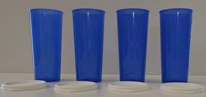 Tupperware 16-oz NESTING STRAIGHT SIDED TUMBLERS 4 TOKYO BLUE w/ SNOW WHITE SEALS - Plastic Glass and Wax ~ PGW