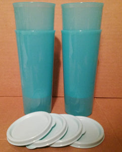 Tupperware 16-oz  NESTING STRAIGHT SIDED TUMBLERS 4 TROPICAL WATER LT BLUE w/ SEALS - Plastic Glass and Wax