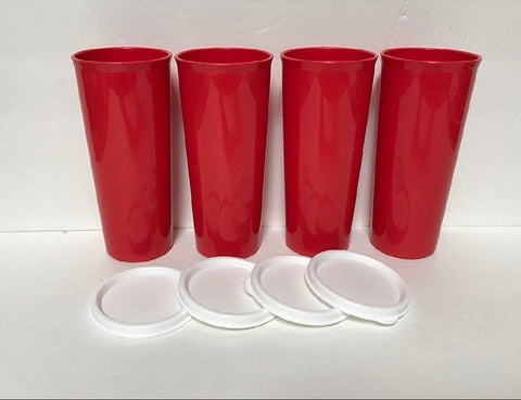 Tupperware 16-oz  NESTING STRAIGHT SIDED TUMBLERS 4 POPPY RED w/ WHITE SEALS - Plastic Glass and Wax