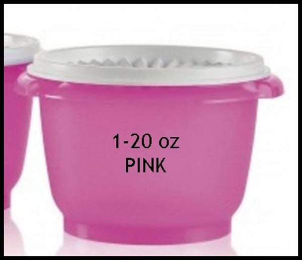 Tupperware Bowls Servalier 20 oz. Set / 2 PINK Bowls w/ SNOW WHITE Instant Accordion Round Seals