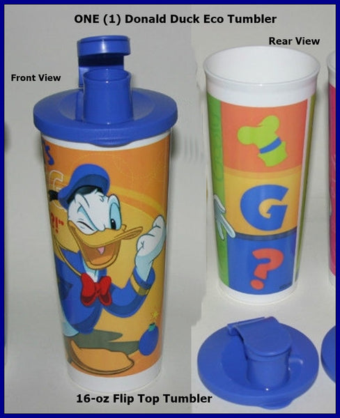 TUPPERWARE ONE (1) 16-oz STRAIGHT SIDED DISNEY DONALD DUCK TUMBLER w/ FLIP TOP SPOUT BLUE SEAL