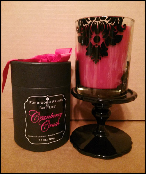 PartyLite Forbidden Fruit KIWI KISS Jar Gift Boxed Candle w/ BLACK GLAZED Pedestal Stand Holder