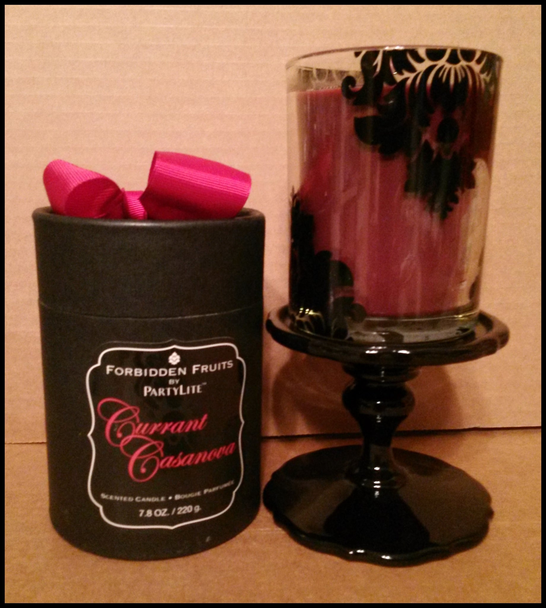 PartyLite Forbidden Fruit CURRANT CASANOVA Jar Gift Boxed Candle w/ FF Black Pedestal Stand