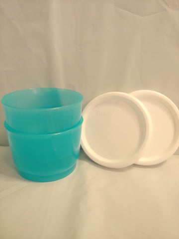 TUPPERWARE Set of 2 - 4-oz Snack Cups Bowls w/ Round Seals COOL AQUA ~ SNOW WHITE SEAL