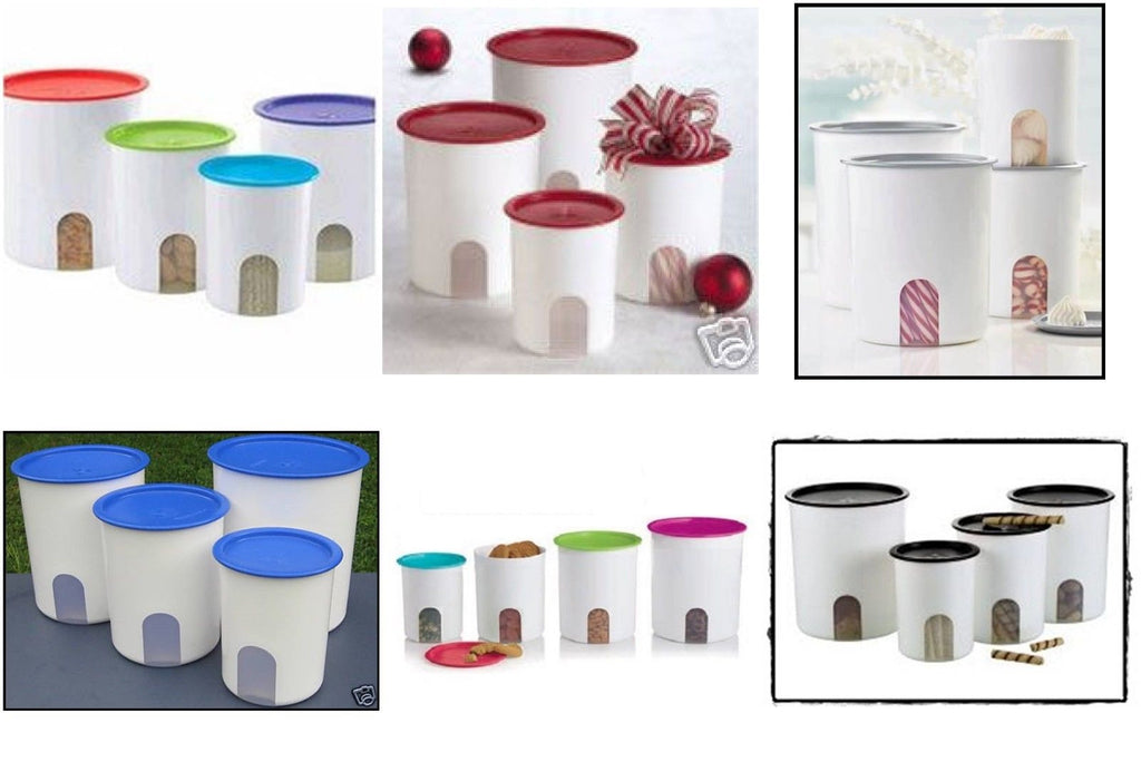 Tupperware Toppers Set 4 Stacking Canisters White w/ Black Seals 2022 New