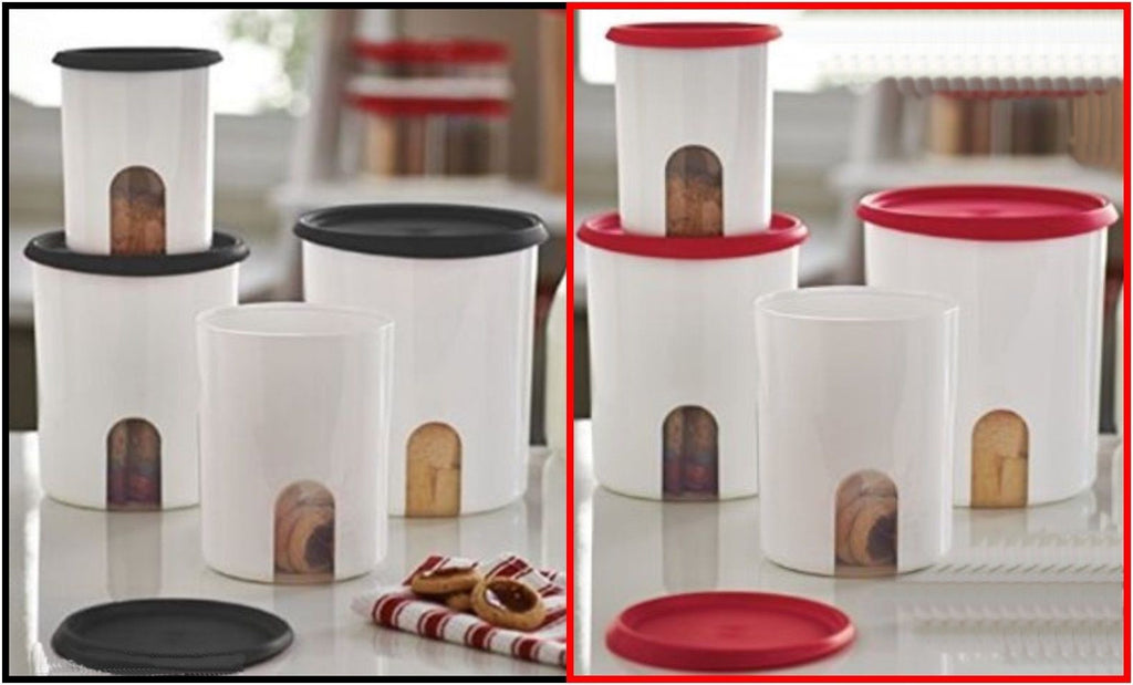 Tupperware Toppers Set 4 Stacking Canisters White w/ Black Seals 2022 New