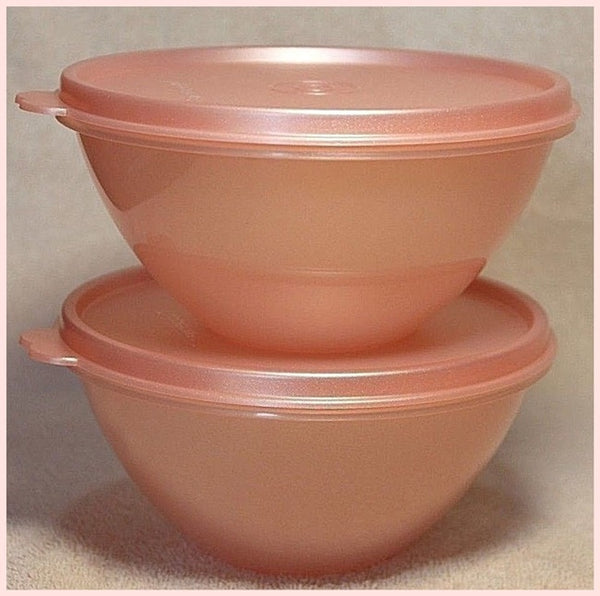 TUPPERWARE 2 Mini 2-cup Wonderlier Nesting Mixing SPARKLING PINK SHIMMER BOWLS Tabbed Seals - Plastic Glass and Wax