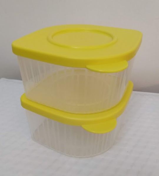TUPPERWARE TWO 2-cup Sheer Fresh N Cool Square Round Storage Containers Keepers Lemon Yellow - Plastic Glass and Wax