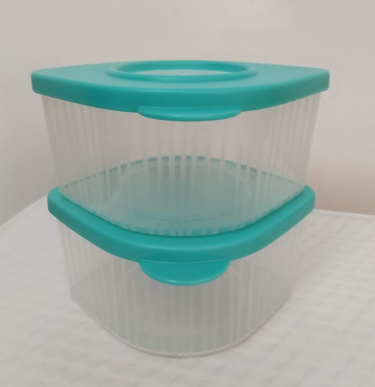 TUPPERWARE TWO 2-cup Sheer Fresh N Cool Square Round Storage Containers Keepers Aqua Teal - Plastic Glass and Wax