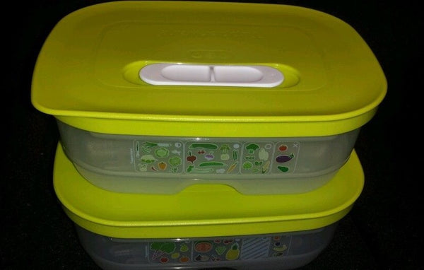 TUPPERWARE Sheer FridgeSmart LARGE LONG Storage Container Keeper SUNNY YELLOW / Snow White Seal - Plastic Glass and Wax