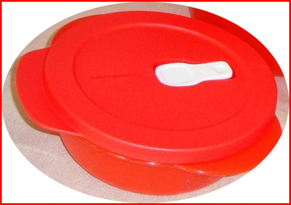 TUPPERWARE CRYSTALWAVE MICROWAVABLE 2.5-C ROUND REHEATING BOWL BRIGHT RED w/ SNOW WHITE VENTED SEAL - Plastic Glass and Wax