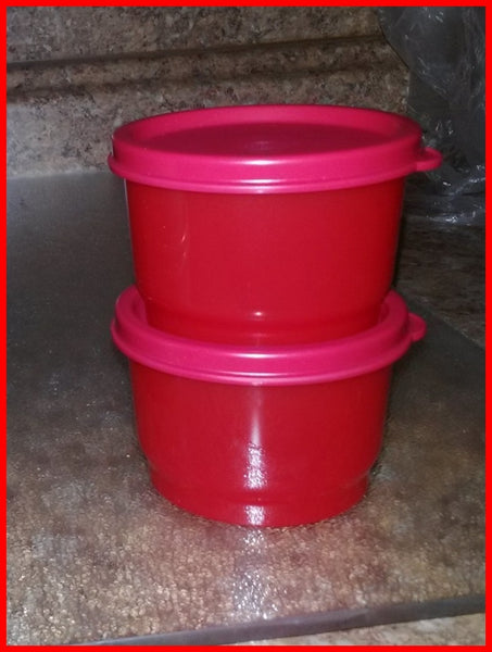 TUPPERWARE Set of 2 - 4-oz Snack Cups Bowls w/ Round Seals CHRISTMAS RED w/ SNOW WHITE SEALS