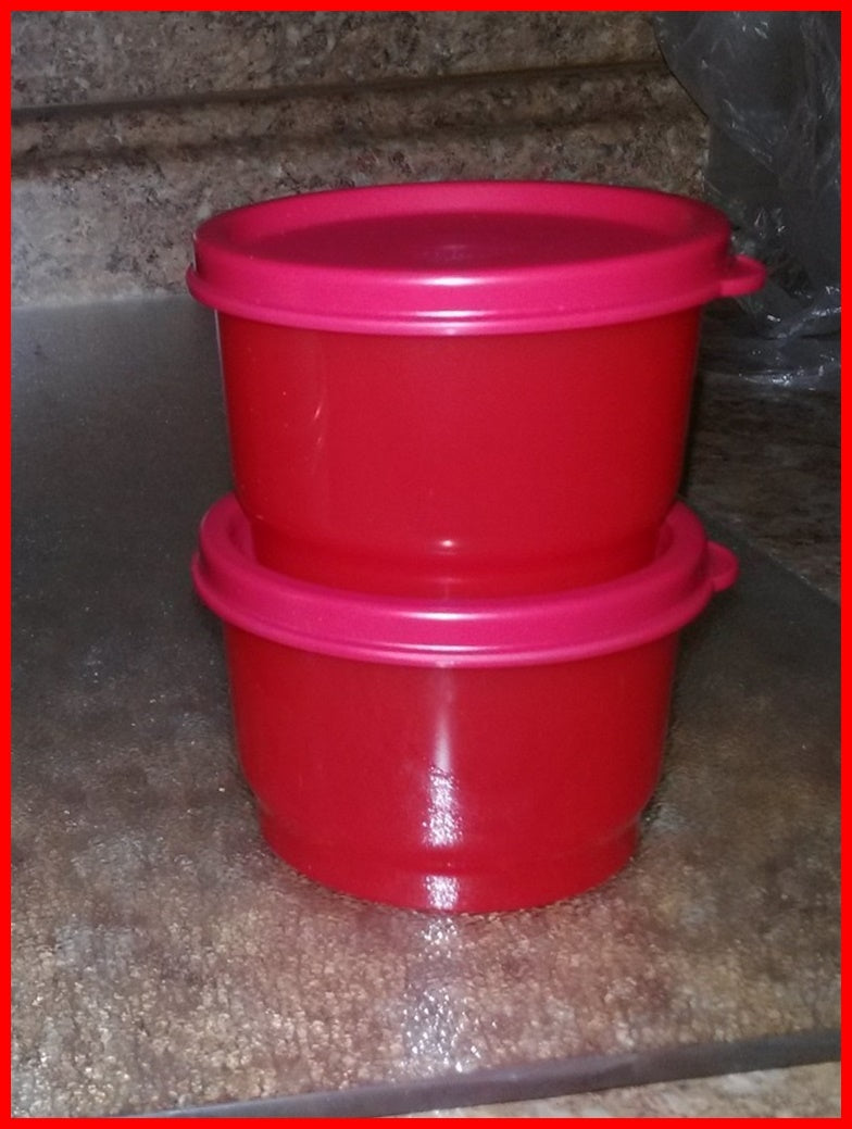 TUPPERWARE Set of 2 - 4-oz Snack Cups Bowls w/ Round Seals HOLIDAY RED w/ MATCHING SEALS