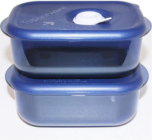 Tupperware Vent N Serve VNS TWO - 2 MICROWAVE 1-CUP SMALL RECTANGLE INDIGO BLUE MIST - Plastic Glass and Wax