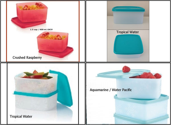 TUPPERWARE FREEZE-IT TWO (2) MEDIUM RECTANGLE FREEZER STORAGE CONTAINERS 2.5-c & 5-c Light Blues - Plastic Glass and Wax