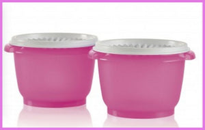 Tupperware Bowls Servalier 20 oz. Set / 2 PINK Bowls w/ SNOW WHITE Instant Accordion Round Seals