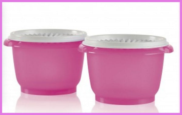 Tupperware Bowls Servalier 20 oz. Set / 2 PINK Bowls w/ SNOW WHITE Instant Accordion Round Seals