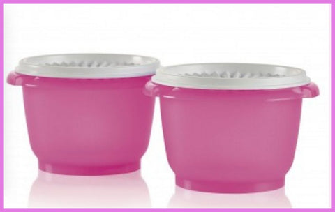 Tupperware Bowls Servalier 20 oz. Set / 2 PINK Bowls w/ SNOW WHITE Instant Accordion Round Seals