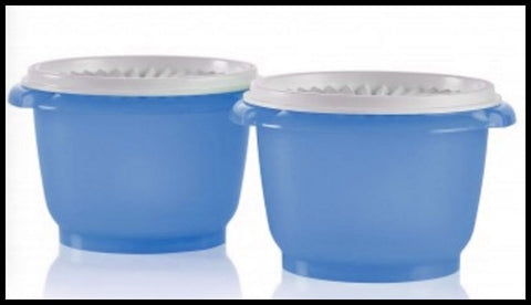 Tupperware Bowls Servalier 20 oz. Set / 2 BLUE Bowls w/ SNOW WHITE Instant Accordion Round Seals