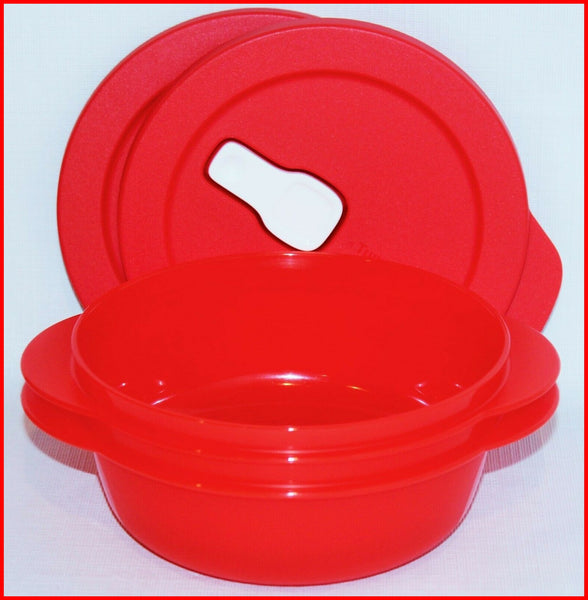 TUPPERWARE CRYSTALWAVE 2 MICROWAVABLE CONTAINERS 2.5-C ROUND REHEATING BOWLS RED w/ SNOW WHITE VENTED SEAL